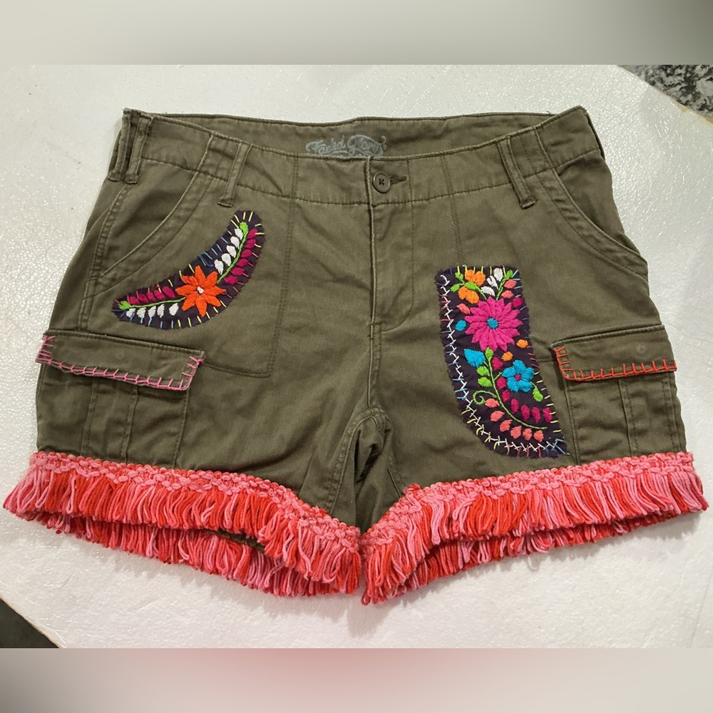 Army Green Shorts Hot Pink Turquoise Lime Embroidery Coral Pink Fringe  Sz 12